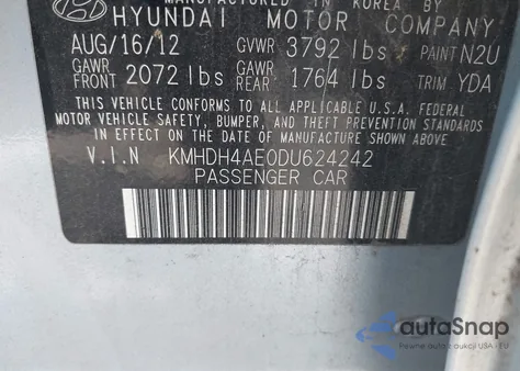 2013 Hyundai Elantra Gls z USA, uszkodzony, nr VIN KMHDH4AE0DU624242